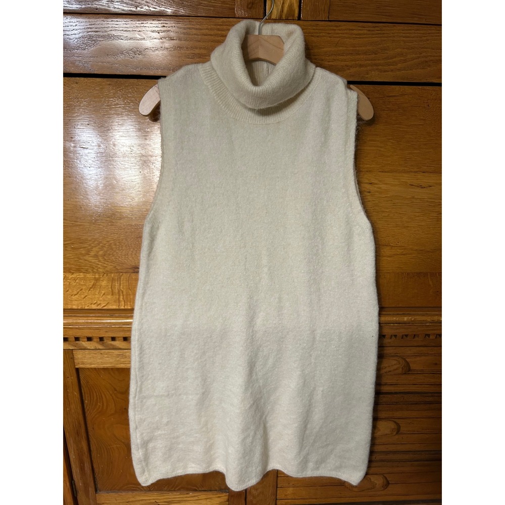 Zara Old Money Cream Sleeveless Turtleneck Sweater Dress Fuzzy Knit Tunic Large